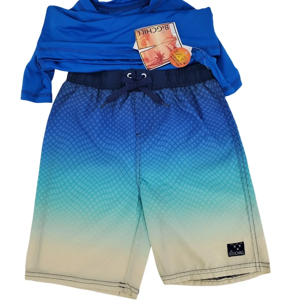 Big Chill Boys Size 6‎ 2pc Rash Guard Swim Trunks Set Blue Skeleton Surfer